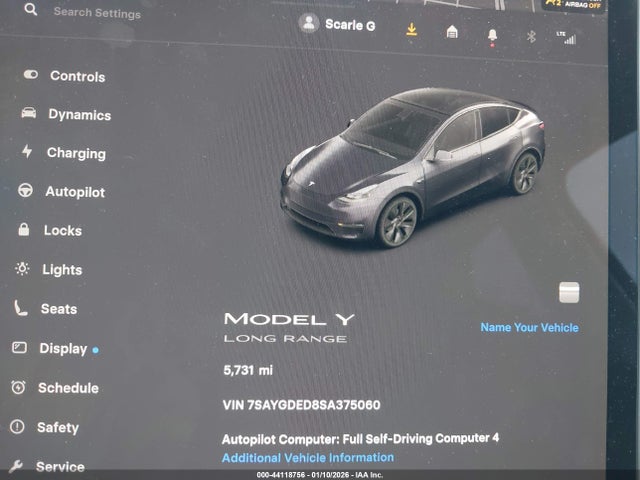 44118756 :رقم المزاد ، 7SAYGDED8SA375060 vin ، 2025 Tesla Model Y Long Range Dual Motor Rear-wheel Drive مزاد بيع