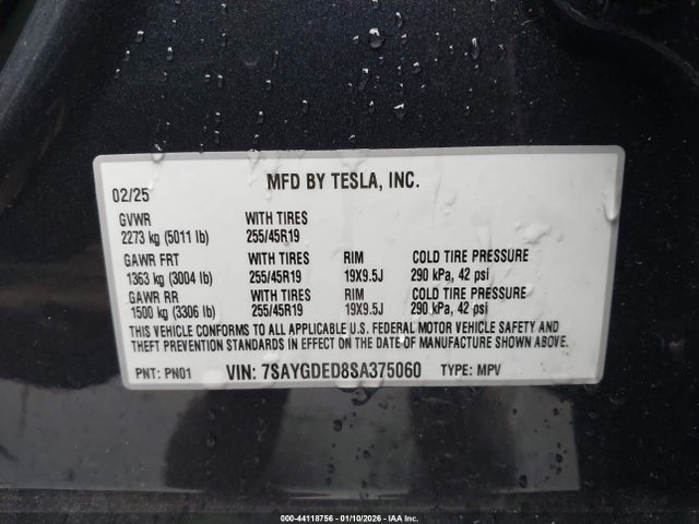 44118756 :رقم المزاد ، 7SAYGDED8SA375060 vin ، 2025 Tesla Model Y Long Range Dual Motor Rear-wheel Drive مزاد بيع