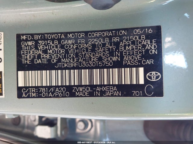JTDKBRFU3G3015750 Toyota Prius Two