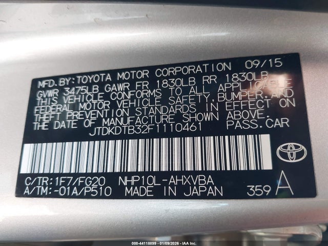 JTDKDTB32F1110461 Toyota Prius C Two