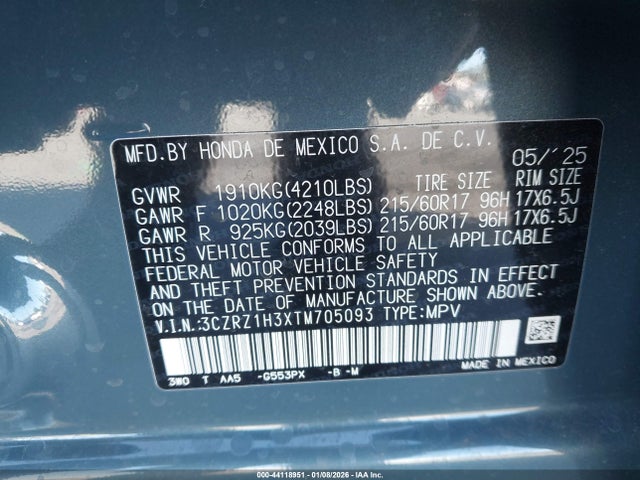 3CZRZ1H3XTM705093 Honda Hr-v 2wd Lx