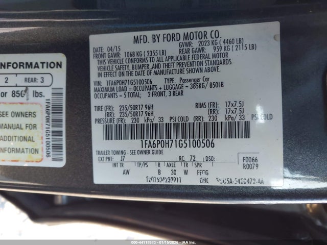 2016 FORD FUSION 1FA6P0H71G5100506 Photo 8