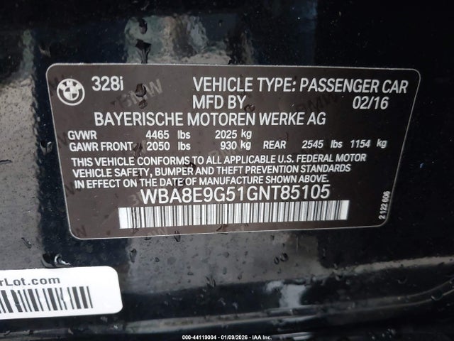 2016 Bmw 328i მანქანა იყიდება აუქციონზე, vin: WBA8E9G51GNT85105, აუქციონის ნომერი: 44119004