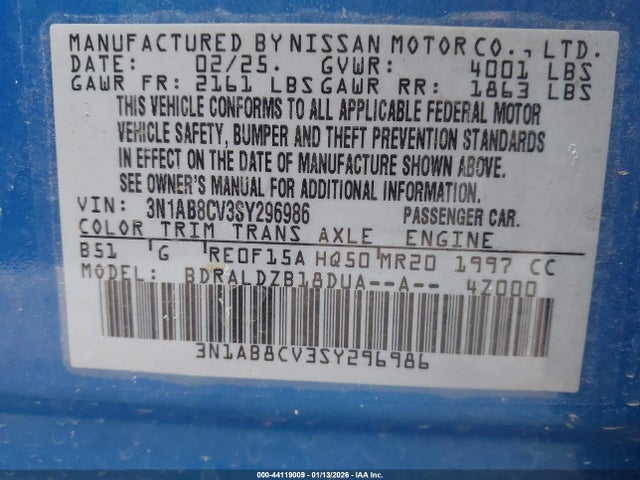 3N1AB8CV3SY296986 Nissan SENTRA SV