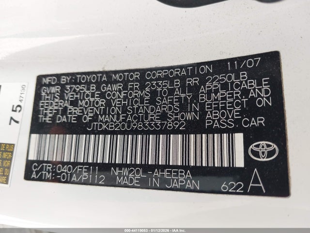 44119053 :رقم المزاد ، JTDKB20U983337892 vin ، 2008 Toyota Prius مزاد بيع