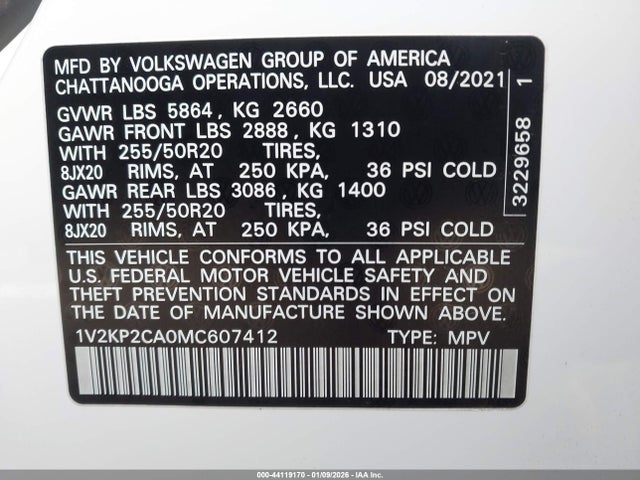 1V2KP2CA0MC607412 Volkswagen Atlas 2.0t Se W/technology