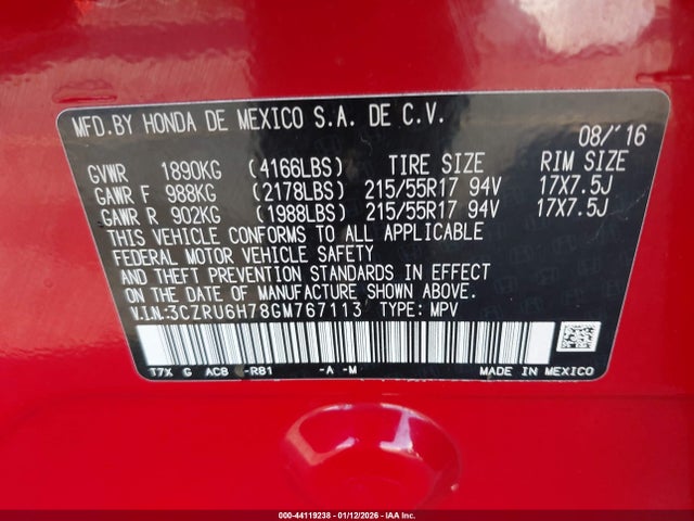 3CZRU6H78GM767113 Honda Hr-v Ex-l