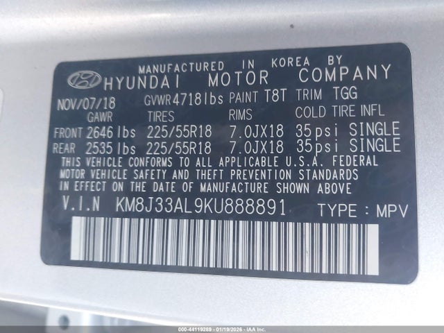 KM8J33AL9KU888891 Hyundai TUCSON SEL