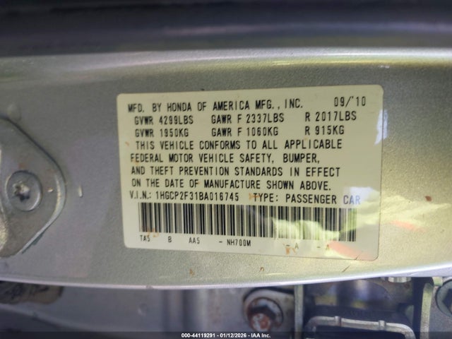 Aukcja sprzedaży 2011 Honda Accord 2.4 Lx, vin: 1HGCP2F31BA016745, numer aukcji: 44119291