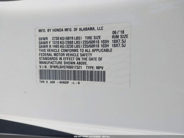 5FNRL6H57KB017321 Honda ODYSSEY EX