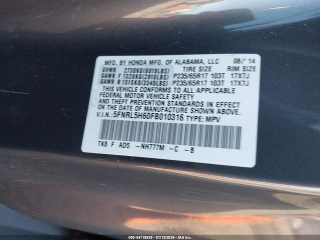 Aukcja sprzedaży 2015 Honda Odyssey Ex-l, vin: 5FNRL5H60FB010316, numer aukcji: 44119539