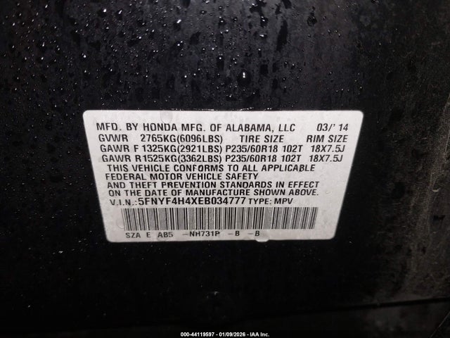 Honda Pilot Ex 2014 5FNYF4H4XEB034777 Image 9