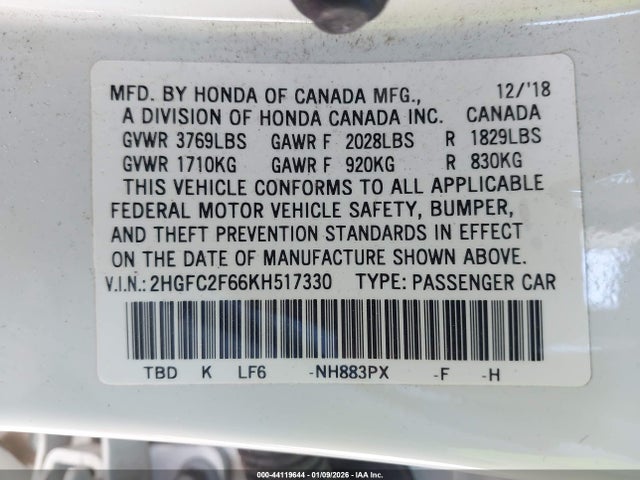 Honda Civic Lx 2019 2HGFC2F66KH517330 Image 9