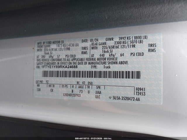 Продаж на аукціоні авто 2024 Ford Transit-150, vin: 1FTYE1Y89RKA24688, номер лоту: 44119713