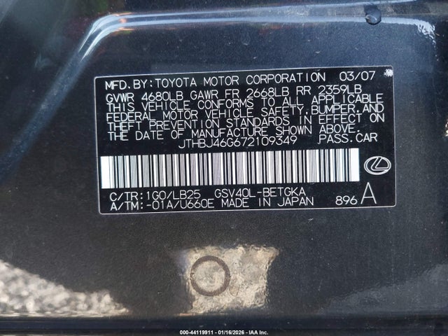 Aukcja sprzedaży 2007 Lexus Es 350, vin: JTHBJ46G672109349, numer aukcji: 44119911
