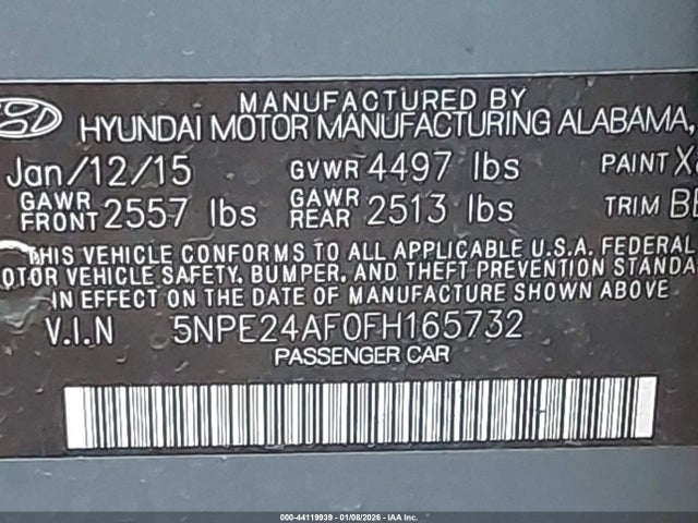 5NPE24AF0FH165732 Hyundai SONATA SE