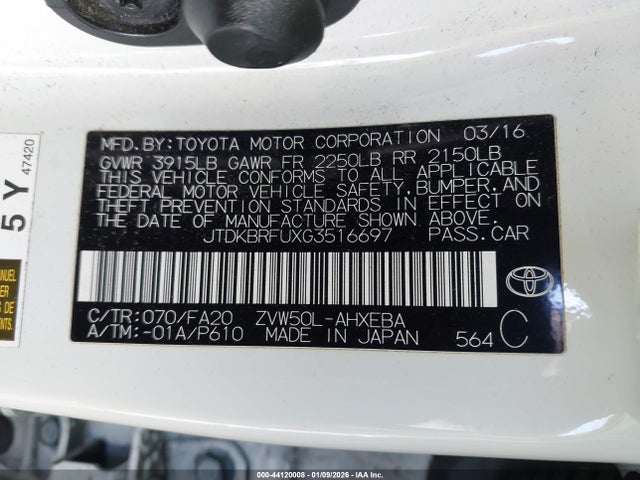 JTDKBRFUXG3516697 Toyota Prius Two