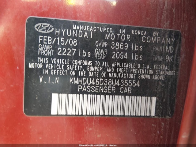 2008 HYUNDAI ELANTRA KMHDU46D38U435554 Photo 8