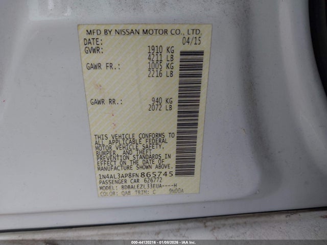 Продаж на аукціоні авто 2015 Nissan Altima 2.5 S, vin: 1N4AL3AP8FN865745, номер лоту: 44120216