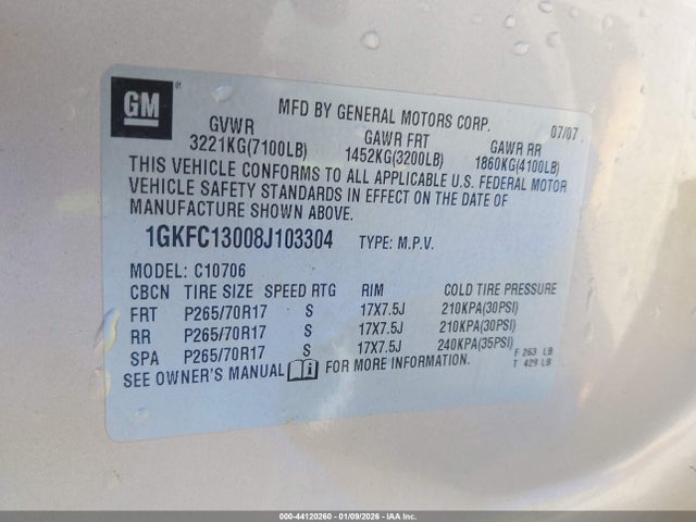 44120260 :رقم المزاد ، 1GKFC13008J103304 vin ، 2008 Gmc Yukon Sle مزاد بيع
