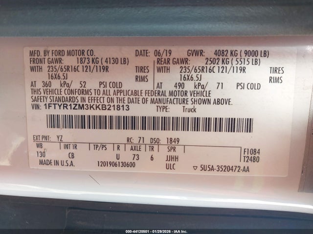 Продажа на аукционе авто 2019 Ford Transit-250, vin: 1FTYR1ZM3KKB21813, номер лота: 44120501