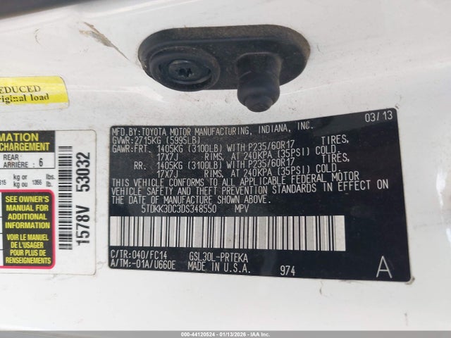 44120524 :رقم المزاد ، 5TDKK3DC3DS348550 vin ، 2013 Toyota Sienna Le V6 8 Passenger مزاد بيع