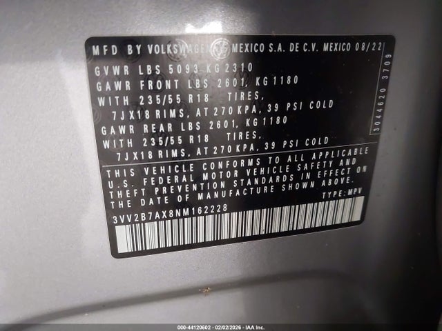 Aukcja sprzedaży 2022 Volkswagen Tiguan 2.0t Se, vin: 3VV2B7AX8NM162228, numer aukcji: 44120602