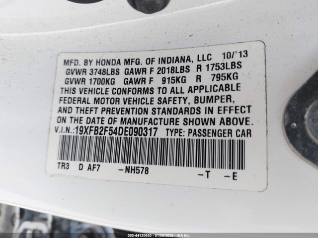 44120650 :رقم المزاد ، 19XFB2F54DE090317 vin ، 2013 Honda Civic Lx مزاد بيع