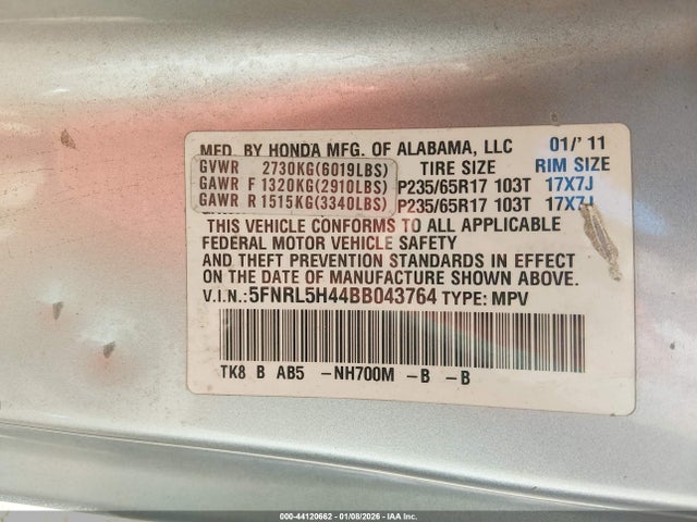 2011 HONDA ODYSSEY 5FNRL5H44BB043764 Photo 8