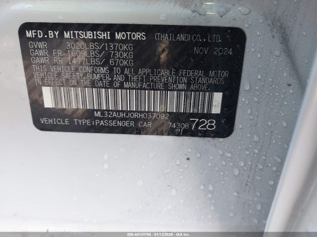 Продаж на аукціоні авто 2024 Mitsubishi Mirage Es, vin: ML32AUHJ0RH037092, номер лоту: 44120768