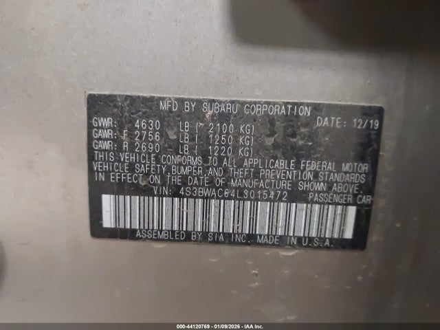 Продаж на аукціоні авто 2020 Subaru Legacy Premium, vin: 4S3BWAC64L3015472, номер лоту: 44120769