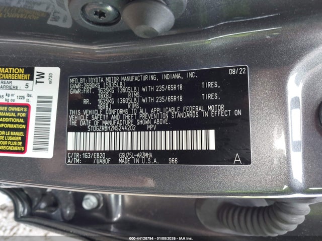 2022 TOYOTA HIGHLANDER 5TDGZRBH2NS244202 Photo 8