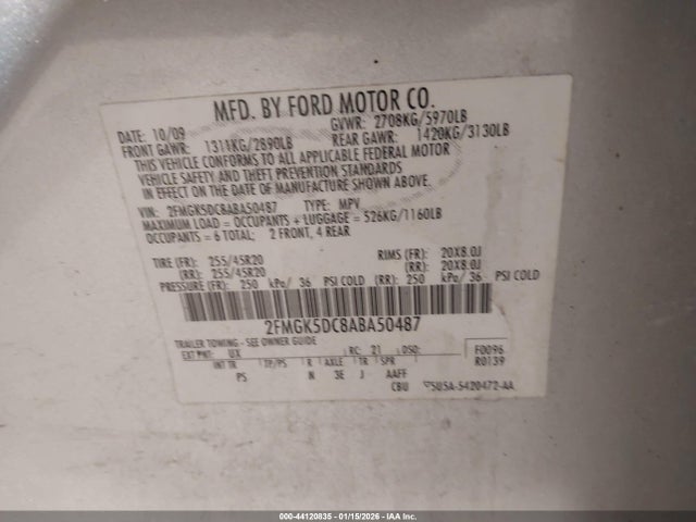 44120835 :رقم المزاد ، 2FMGK5DC8ABA50487 vin ، 2010 Ford Flex Limited مزاد بيع