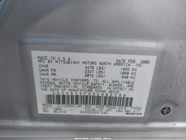 2009 MITSUBISHI GALANT 4A3AB36F89E006590 Photo 8