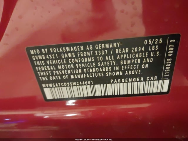 2025 Volkswagen Golf Gti 2.0t Se მანქანა იყიდება აუქციონზე, vin: WVWSA7CD3SW244061, აუქციონის ნომერი: 44121098