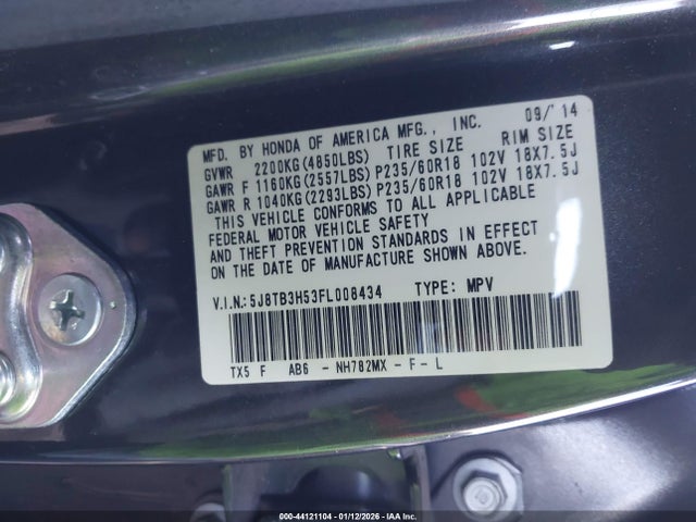 44121104 :رقم المزاد ، 5J8TB3H53FL008434 vin ، 2015 Acura Rdx مزاد بيع