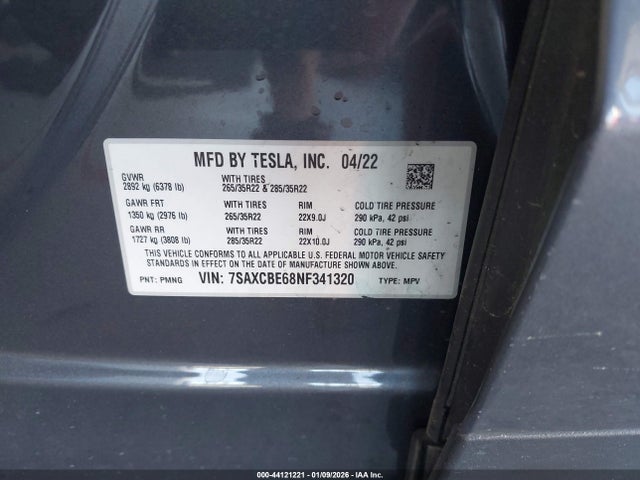 Aukcja sprzedaży 2022 Tesla Model X Plaid Tri Motor All-wheel Drive, vin: 7SAXCBE68NF341320, numer aukcji: 44121221