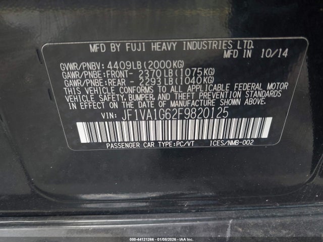 44121266 :رقم المزاد ، JF1VA1G62F9820125 vin ، 2015 Subaru Wrx Limited مزاد بيع