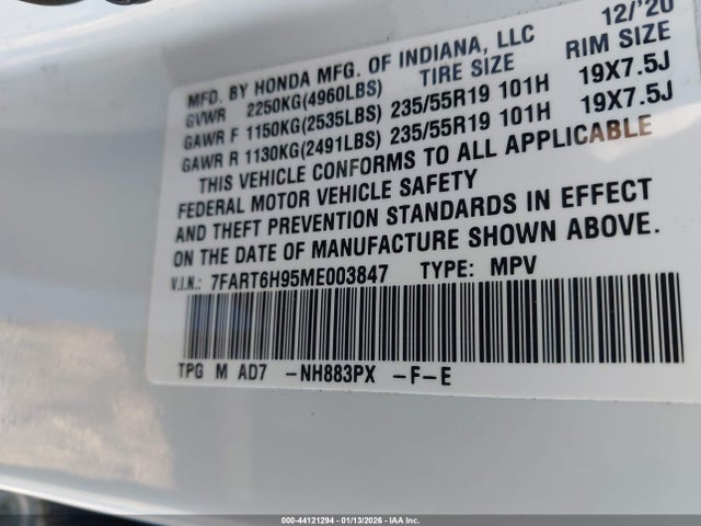 2021 Honda Cr-v Hybrid Touring მანქანა იყიდება აუქციონზე, vin: 7FART6H95ME003847, აუქციონის ნომერი: 44121294