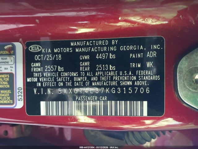 44121304 :رقم المزاد ، 5XXGT4L37KG315706 vin ، 2019 Kia Optima S مزاد بيع