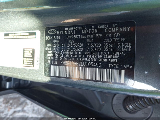 44121343 :رقم المزاد ، KM8R4DHE2LU105490 vin ، 2020 Hyundai Palisade Sel مزاد بيع
