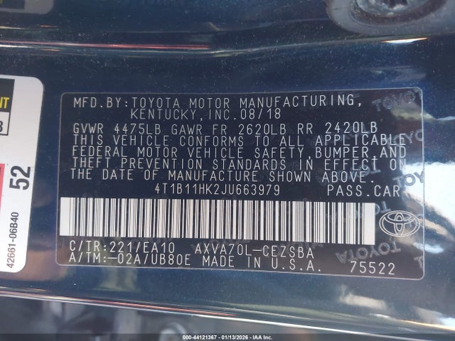 44121367 :رقم المزاد ، 4T1B11HK2JU663979 vin ، 2018 Toyota Camry Se مزاد بيع
