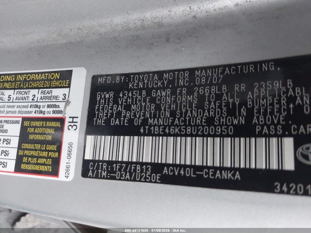 2008 Toyota Camry Le მანქანა იყიდება აუქციონზე, vin: 4T1BE46K58U200950, აუქციონის ნომერი: 44121650