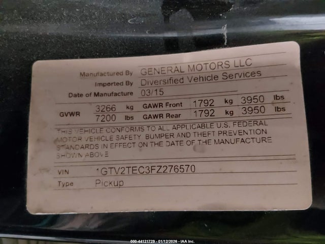 Продажа на аукционе авто 2015 Gmc Sierra 1500, vin: 1GTV2TEC3FZ276570, номер лота: 44121729