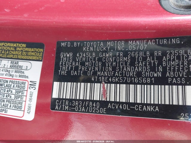 2007 TOYOTA CAMRY 4T1BE46K57U165681 Photo 8