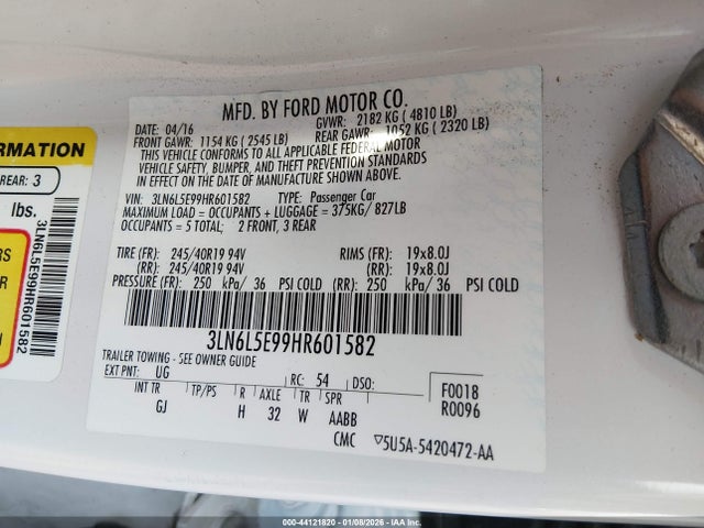 3LN6L5E99HR601582 Lincoln Mkz Reserve