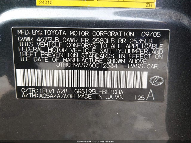 Продаж на аукціоні авто 2006 Lexus Gs 300, vin: JTHCH96S760012334, номер лоту: 44121864