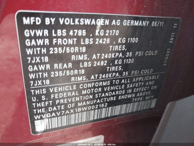 2011 VOLKSWAGEN TIGUAN WVGAV7AX1BW002152 Photo 8