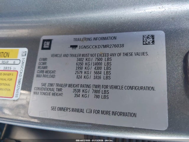 Продажа на аукционе авто 2021 Chevrolet Suburban 2wd Lt, vin: 1GNSCCKD7MR276038, номер лота: 44121930