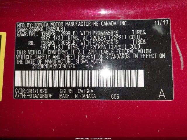 44122042 :رقم المزاد ، 2T2BK1BA2BC090576 vin ، 2011 Lexus Rx 350 مزاد بيع